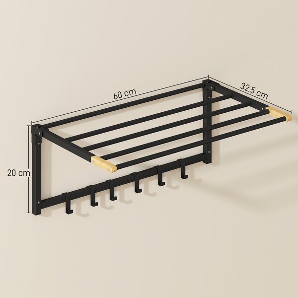 HOMCOM Portasciugamani da Parete, Pieghevole con 5 Barre e 6 Ganci 60 cm Nero | Aosom Italy