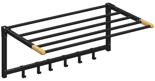 HOMCOM Portasciugamani da Parete, Pieghevole con 5 Barre e 6 Ganci 60 cm Nero | Aosom Italy