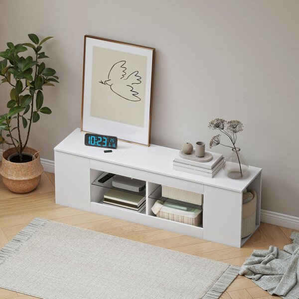 HOMCOM Mobile TV, 6 scomparti, 2 ripiani in vetro, pannello di truciolato, 140 cm, Bianco | Aosom Italy