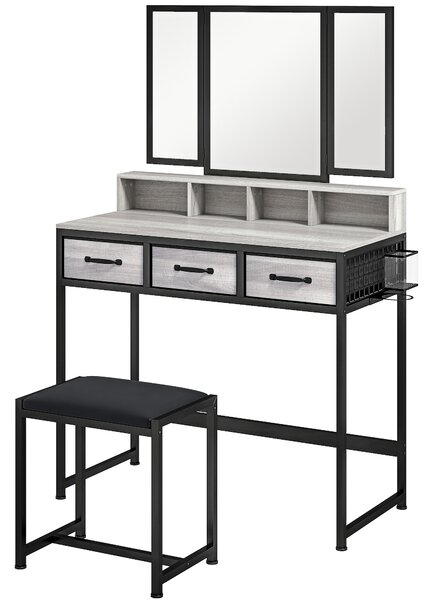 HOMCOM Toeletta per Trucco con Specchio Trifacciale Smontabile Sgabello 3 Cassetti in Tessuto Porta Asciugacapelli Grigio | Aosom Italy
