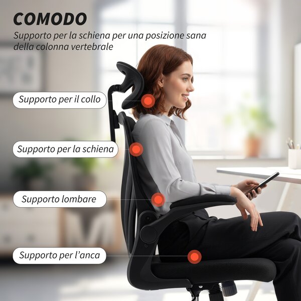 HOMCOM Sedia da Ufficio Ergonomica con Braccioli Ribaltabili, Supporto Lombare e Poggiatesta Regolabile, Nero | Aosom Italy