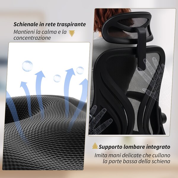 HOMCOM Sedia da Ufficio Ergonomica con Braccioli Ribaltabili, Supporto Lombare e Poggiatesta Regolabile, Nero | Aosom Italy