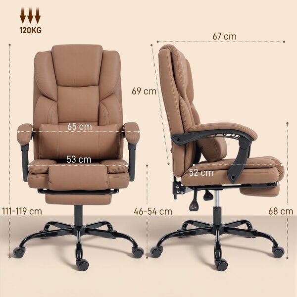 HOMCOM Sedia da Ufficio Reclinabile in Finta Pelle con Poggiapiedi e Rotelle, 65x67x111-119 cm, Marrone | Aosom Italy