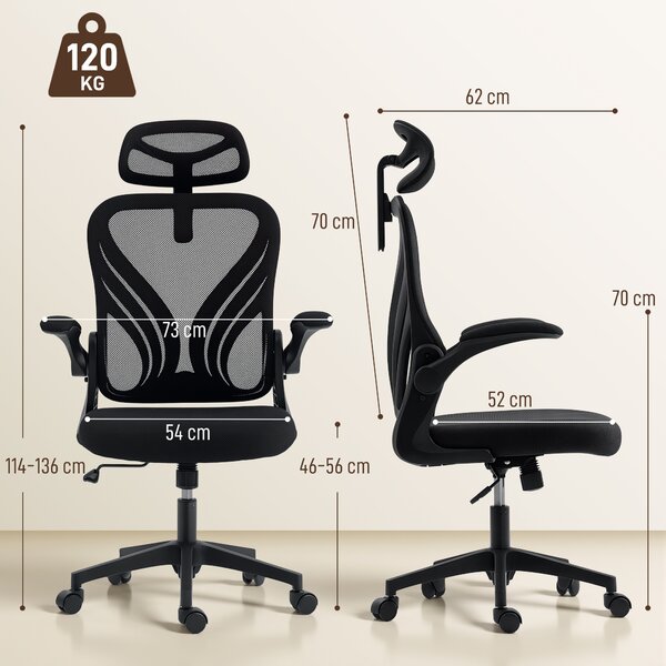 HOMCOM Sedia da Ufficio Ergonomica con Braccioli Ribaltabili, Supporto Lombare e Poggiatesta Regolabile, Nero | Aosom Italy