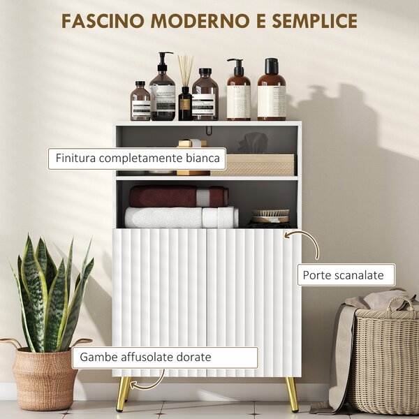 HOMCOM Mobiletto Bagno Moderno con 2 Ripiani Aperti e Armadietto con Ante Ammortizzate, 60x31.8x93 cm, Bianco | Aosom Italy