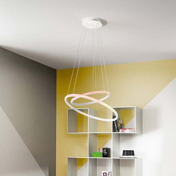 Luce Ambiente Design Lampada LED a sospensione Axis, Ø 60/40 cm, bianca, metallo, CCT, RGB Axis, Bianco / Opale, Soggiorno / Sala da pranzo, Metallo, Moderno