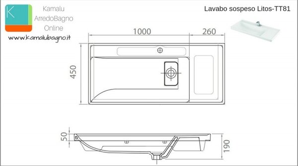 Kamalu lavabo sospeso in ceramica bianco lucido 100cm litos-tt81