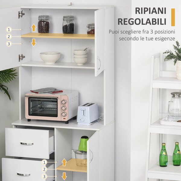 HOMCOM Credenza Moderna in Legno Bianco con 2 Armadietti, Mensole Regolabili, 1 Ripiano Aperto e 3 Cassetti, 80x39.5x183.5cm|Aosom