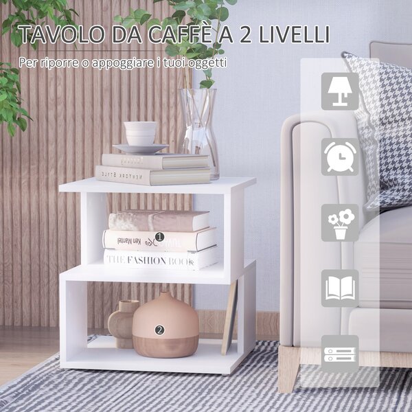 HOMCOM Tavolino da Caffè 2 Ripiani Aperti Design Moderno Salotto Soggiorno Legno 40x40x43cm Bianco|Aosom