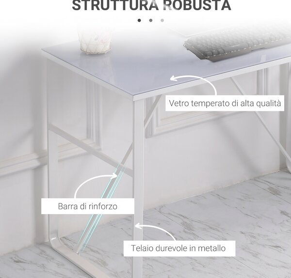 HOMCOM Scrivania da Camera Moderna in Metallo e Vetro Temperato per Computer, PC, Ufficio, 120x60x74.5cm, Bianco | Aosom