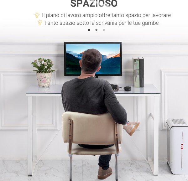 HOMCOM Scrivania da Camera Moderna in Metallo e Vetro Temperato per Computer, PC, Ufficio, 120x60x74.5cm, Bianco | Aosom