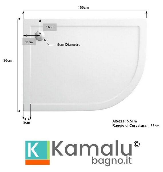KAMALU - Piatto doccia 100x80 semicircolare versione sinistra KAM-1000