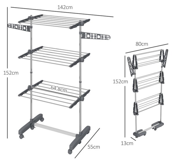HOMCOM Stendino Verticale con 3 Ripiani Regolabili, in Acciaio e Plastica, 142x55x152 cm, Grigio e Argento
