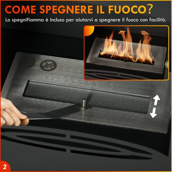 HOMCOM Camino a Bioetanolo con Estintore fiamma e Bruciatore da 1.2L per 3 Ore di Durata, in Acciaio Inox, 36x26x54cm, Nero | Aosom Italy