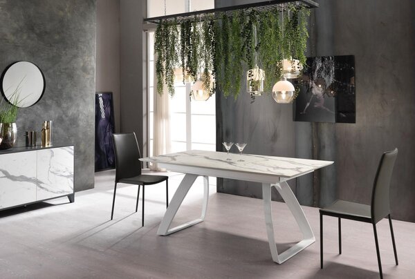 E-STYLO Tavolo Allungabile Top in HPL su MDF Gambe in metallo verniciato Allunghe interne in HPL su MDF,90cm X 170/270cm H. 76cm,Top: marmo calacatta allunghe: marmo calacatta gambe: bianco