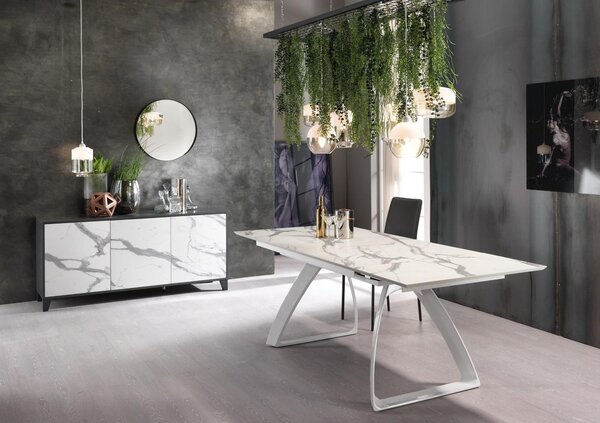 E-STYLO Tavolo Allungabile Top in HPL su MDF Gambe in metallo verniciato Allunghe interne in HPL su MDF,90cm X 170/270cm H. 76cm,Top: marmo calacatta allunghe: marmo calacatta gambe: bianco