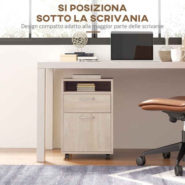 HOMCOM Cassettiera da Ufficio Portadocumenti con Ripiano Aperto e 2 Cassetti, in Legno e Metallo, 40x35x60 cm, Rovere