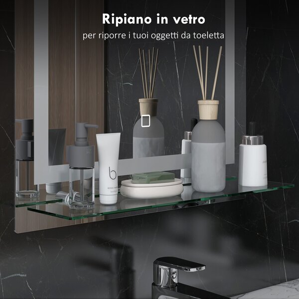Kleankin Specchio Bagno LED a 3 Colori Regolabili con Mensola in Vetro Elegante e Funzionale 50x12x70 cm Argento |Aosom