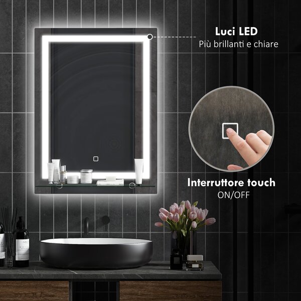 Kleankin Specchio Bagno LED a 3 Colori Regolabili con Mensola in Vetro Elegante e Funzionale 50x12x70 cm Argento |Aosom