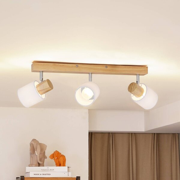 Lindby Wanessa, faretto da soffitto, 47 cm, a 3 luci, bianco, legno, E14 Wanessa Lindby, dimmerabile, Legno chiaro, Soggiorno / Sala da pranzo, Legno, Moderno, Faretto
