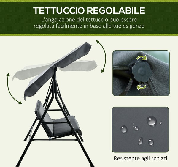 Outsunny Dondolo da Giardino 3 Posti con Tettuccio Regolabile e Cuscini in Poliestere e Acciaio Antiruggine, 172x110x153 cm, Grigio | Aosom Italy