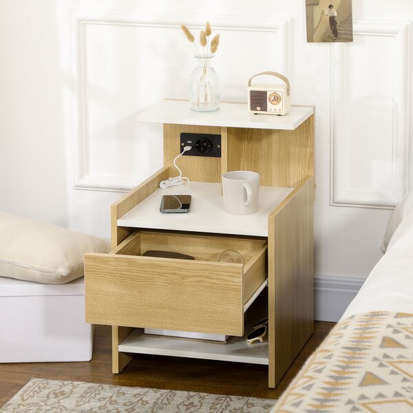 HOMCOM Comodino moderno con 2 Prese e porte USB e Cassetto in truciolato, 40x40x60cm, Color Legno|Aosom