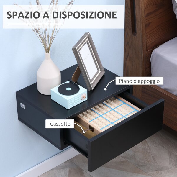 HOMCOM Set 2 Comodini Sospesi Moderni in Legno per Camera da Letto, 40x30x15cm, Nero|Aosom
