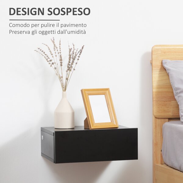 HOMCOM Set 2 Comodini Sospesi Moderni in Legno per Camera da Letto, 40x30x15cm, Nero|Aosom