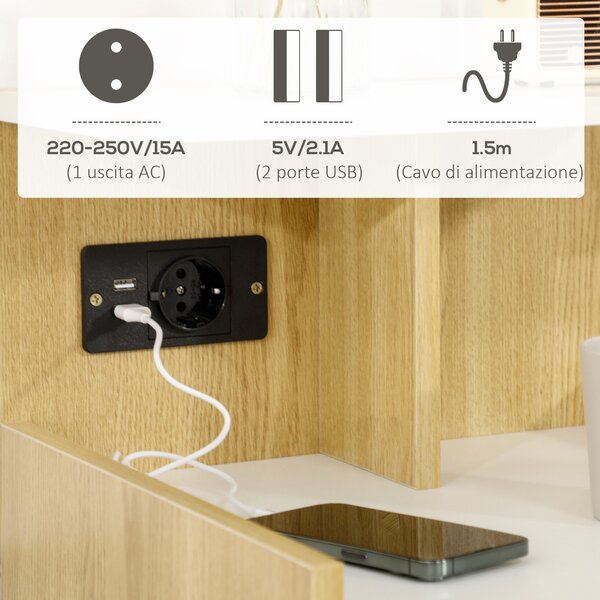 HOMCOM Comodino moderno con 2 Prese e porte USB e Cassetto in truciolato, 40x40x60cm, Color Legno|Aosom