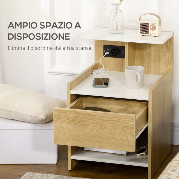HOMCOM Comodino moderno con 2 Prese e porte USB e Cassetto in truciolato, 40x40x60cm, Color Legno|Aosom