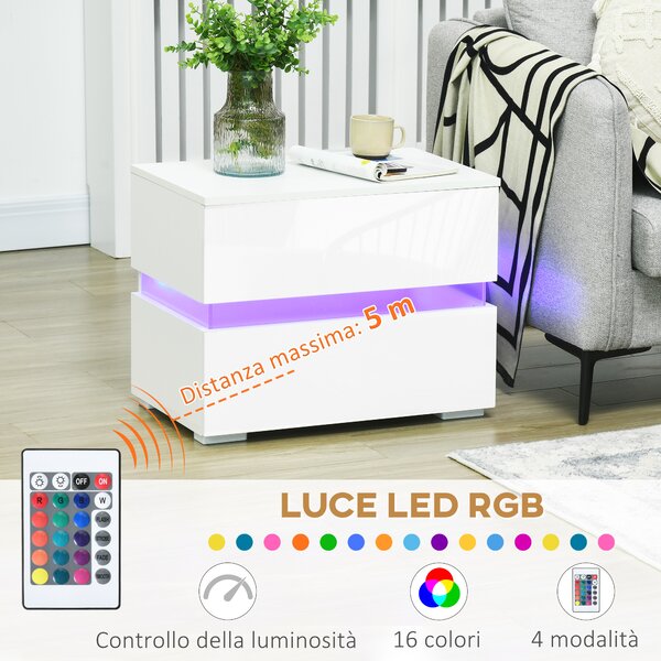 HOMCOM Comodino Multifunzionale con 2 cassetti e LED incorporata, 4 Modalità di luce e 16 colori, in Truciolato, 60x39x47cm, Bianco|Aosom Italy
