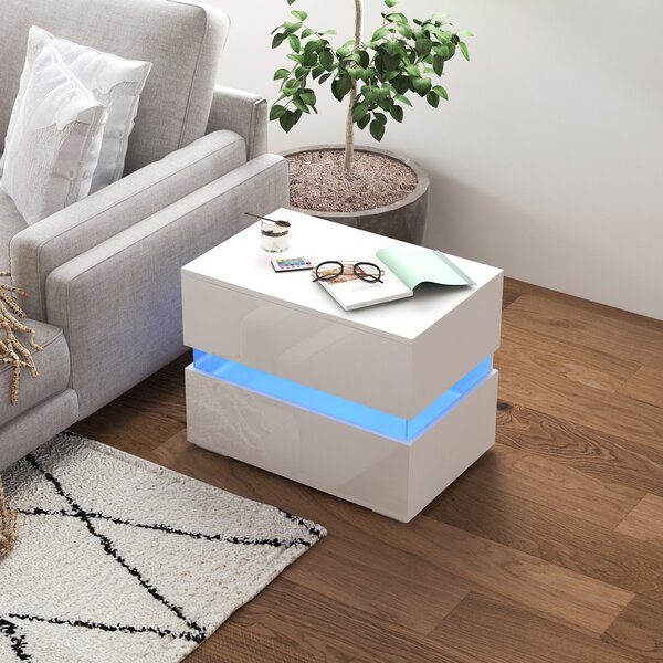 HOMCOM Comodino Multifunzionale con 2 cassetti e LED incorporata, 4 Modalità di luce e 16 colori, in Truciolato, 60x39x47cm, Bianco|Aosom Italy