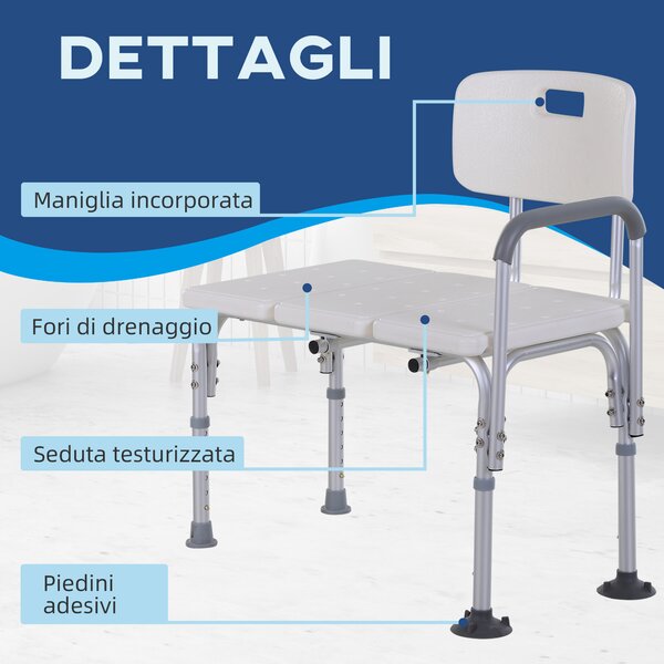 Homcom Sedia da Doccia con Altezza Regolabile su 6 Livelli, Piedini e Bracciolo Antiscivolo, Ampia Seduta (68.5x40.5cm)|Aosom