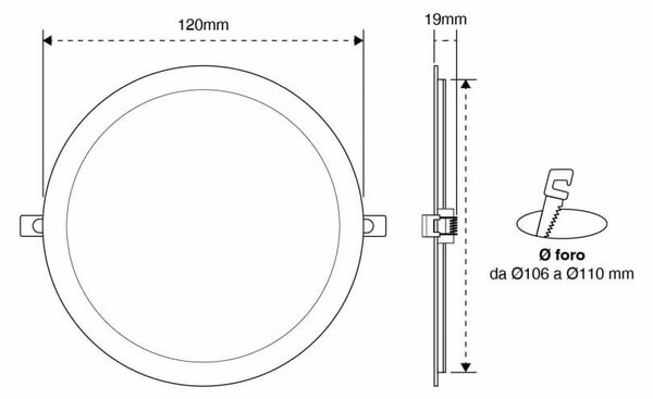 Pannello LED Rotondo 8W, 800lm, no Flickering, Foro Ø106-110mm, OSRAM LED Colore Bianco Caldo 3.000K