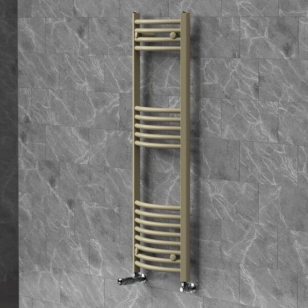 Asciugamani radiante LuxeBath 400x1200 mm, radiatore per bagno con valvola termostatica, asciugamani Sahara curvo con attacco laterale, portasciugamani, color beige