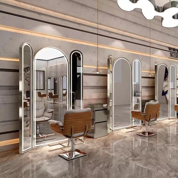 Consolle specchio LED trifacciale per parrucchieri, barbieri ed estetica TRIO 200x130 argento