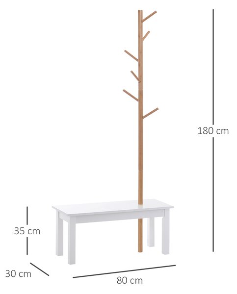HOMCOM Appendiabiti Attaccapanni Con 6 ganci e Panca alla base，per Ingresso Camera da Letto, Bambù, Bianco Legno, 80x30x180cm|Aosom Italy
