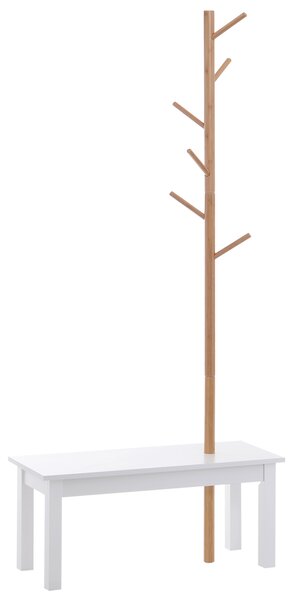 HOMCOM Appendiabiti Attaccapanni Con 6 ganci e Panca alla base，per Ingresso Camera da Letto, Bambù, Bianco Legno, 80x30x180cm|Aosom Italy