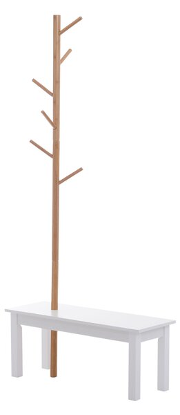 HOMCOM Appendiabiti Attaccapanni Con 6 ganci e Panca alla base，per Ingresso Camera da Letto, Bambù, Bianco Legno, 80x30x180cm|Aosom Italy