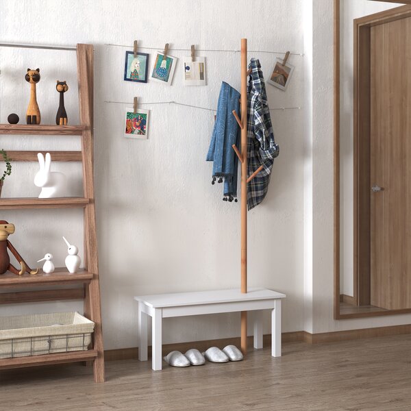HOMCOM Appendiabiti Attaccapanni Con 6 ganci e Panca alla base，per Ingresso Camera da Letto, Bambù, Bianco Legno, 80x30x180cm|Aosom Italy