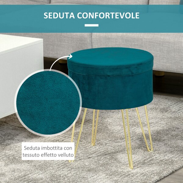 HOMCOM Poggiapiedi da Divano in Lino, Pouf Contenitore con 4 Gambe in Metallo Dorato, Coperchio Rimuovibile, Φ36 x 45Acm, Verde|Aosom