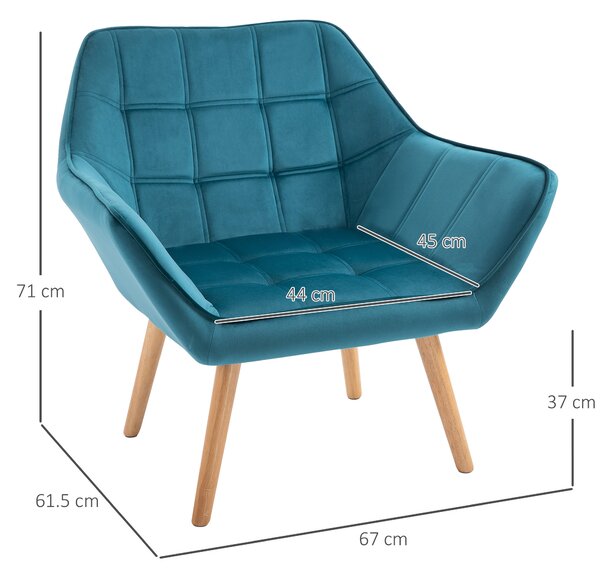 HOMCOM Poltroncina dal Design Scandinavo in Legno e Velluto Color Petrolio, per Soggiorno o Ufficio, 64x62x72.5cm|Aosom