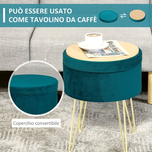 HOMCOM Poggiapiedi da Divano in Lino, Pouf Contenitore con 4 Gambe in Metallo Dorato, Coperchio Rimuovibile, Φ36 x 45Acm, Verde|Aosom