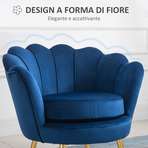 HOMCOM Poltrona Vintage di Design in Velluto Blu per Soggiorno e Camera con Schienale Alto Comfort 75x63x73cm Elegante e Resistente|Aosom