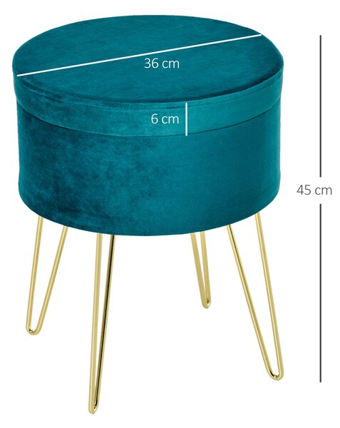 HOMCOM Poggiapiedi da Divano in Lino, Pouf Contenitore con 4 Gambe in Metallo Dorato, Coperchio Rimuovibile, Φ36 x 45Acm, Verde|Aosom