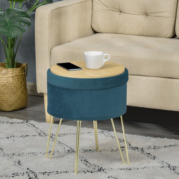 HOMCOM Poggiapiedi da Divano in Lino, Pouf Contenitore con 4 Gambe in Metallo Dorato, Coperchio Rimuovibile, Φ36 x 45Acm, Verde|Aosom