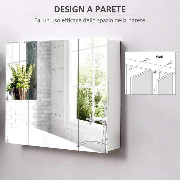Kleankin Armadietto Bagno con 3 Ante Specchiate, Mobiletto Pensile Bagno in Legno Bianco, Ripiani Interni Regolabili, 70x15x60cm|Aosom