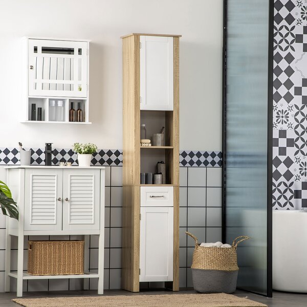 Kleankin Mobile Bagno Alto in Truciolato con un Cassetto, 2 Armadietti e 2 Ripiani Aperti Regolabili, 37x30x184 cm, Bianco e color Legno|Aosom