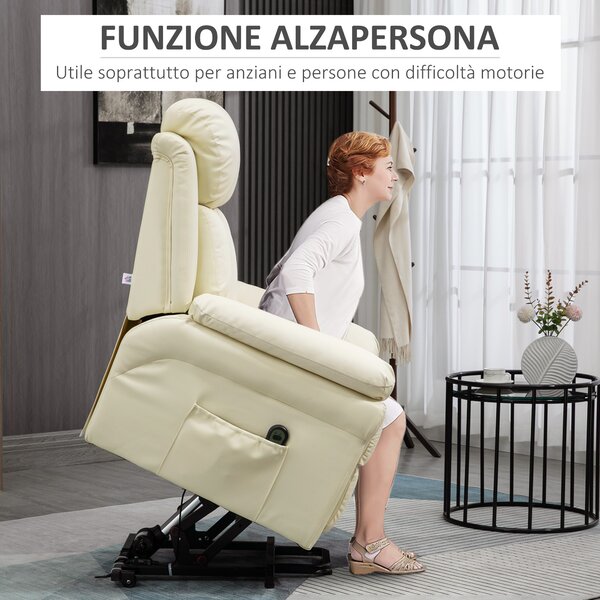 HOMCOM Poltrona Relax Alzapersona Elettrica con Imbottitura Spessa e Telecomando, 96x93x105cm, Crema|Aosom
