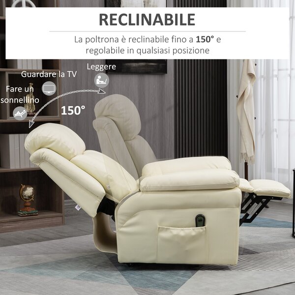 HOMCOM Poltrona Relax Alzapersona Elettrica con Imbottitura Spessa e Telecomando, 96x93x105cm, Crema|Aosom